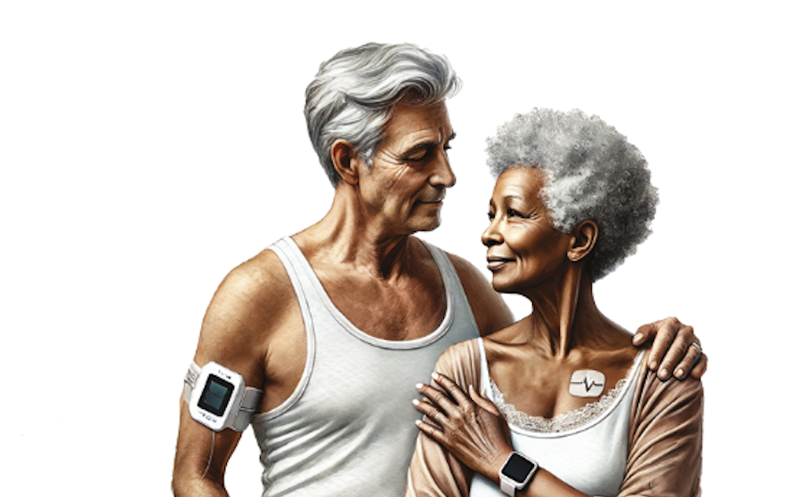 an-older-couple-embraces-while-wearing-modern-wearable-health-monitoring-devices
