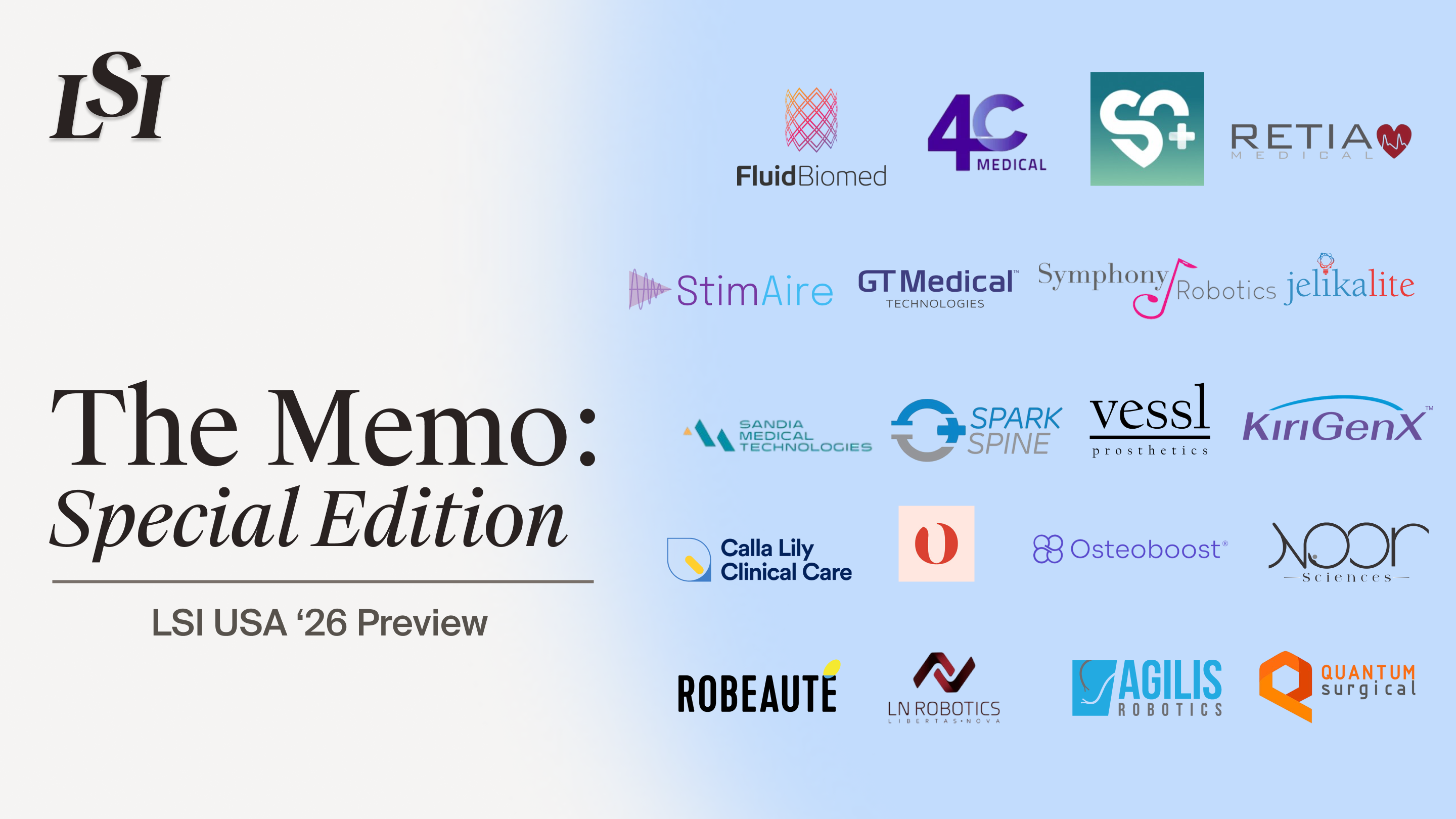 Medtech companies heading to LSI USA 2026, including Fluid Biomed, StimAire, Sandia Medical Technologies, Calla Lily Clinical Care, and Robeauté, among others