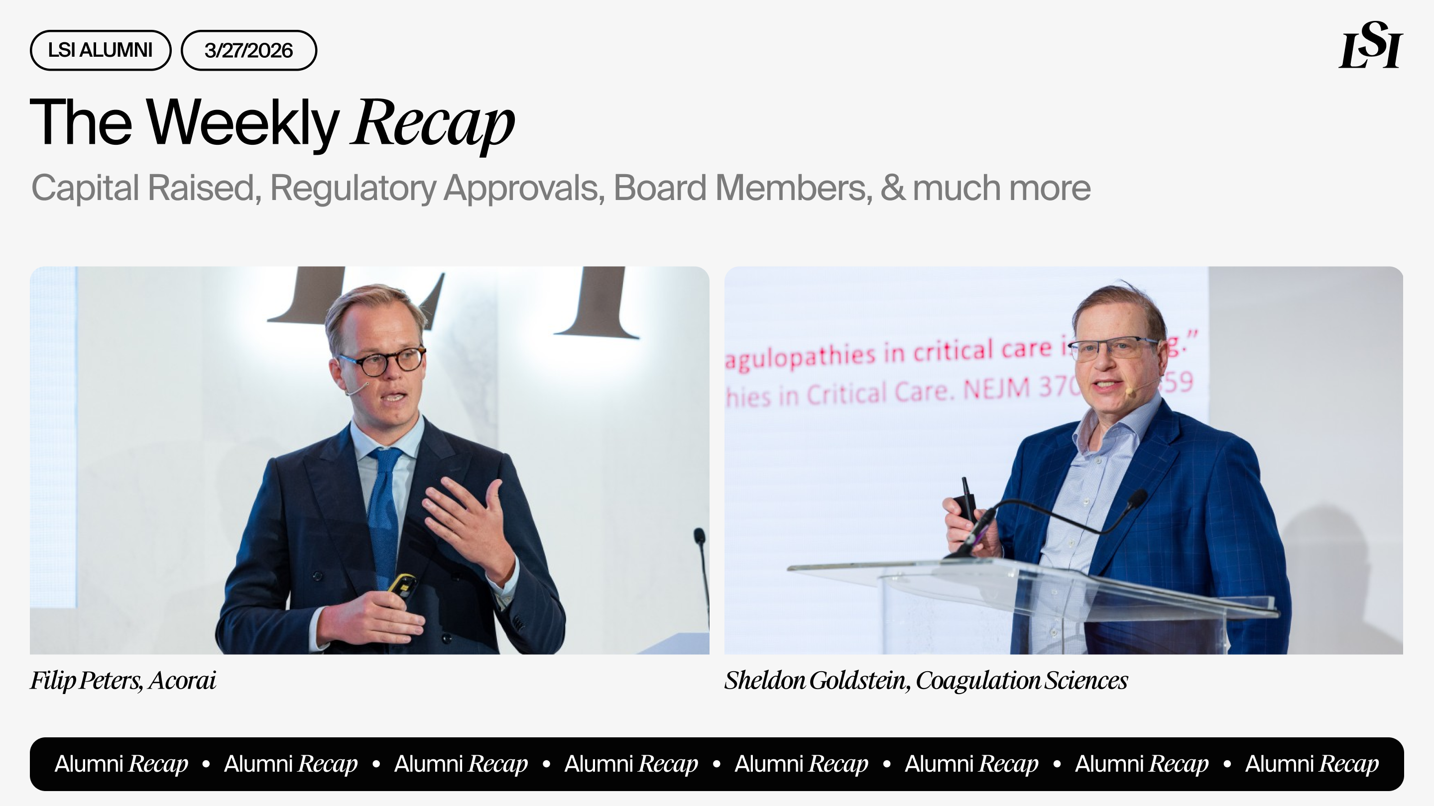 LSI’s Weekly Recap featuring milestones from LSI Alumni companies, including Acorai and Coagulation Sciences